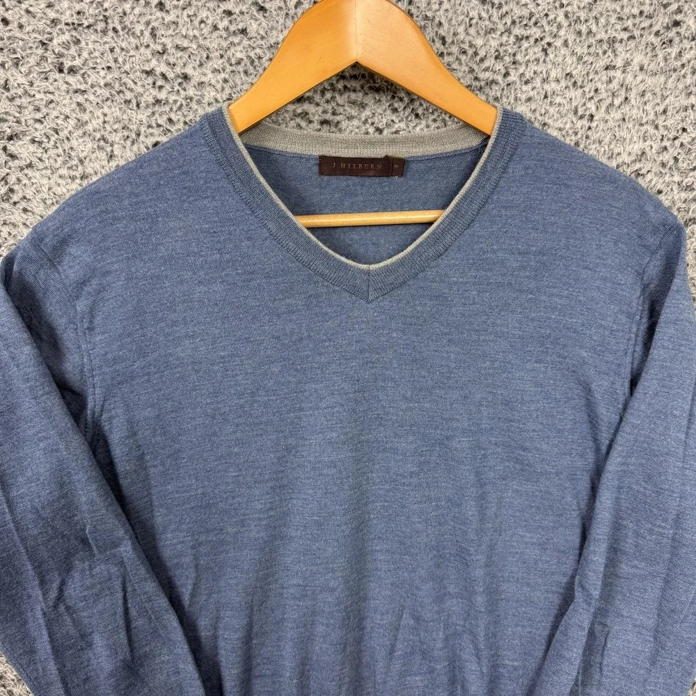 J Hilburn Sweater Mens Medium Blue Wool Cashmere V Neck Lightweight Knit M